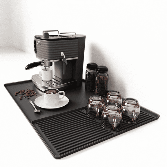 Coffee Maker Mat, Silicone Coffee Mat, 24"x16" Coffee Bar Mat with Detachable Dish Drying Mat, Spill-Proof, Heat-Resistant, Non-Slip, fits Under Coffee Maker & Dish Rack (Black)