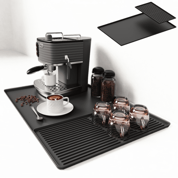 Coffee Maker Mat, Silicone Coffee Mat, 24"x16" Coffee Bar Mat with Detachable Dish Drying Mat, Spill-Proof, Heat-Resistant, Non-Slip, fits Under Coffee Maker & Dish Rack (Black)