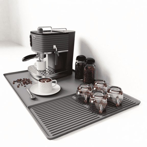 Coffee Maker Mat, Silicone Coffee Mat, 24"x16" Coffee Bar Mat with Detachable Dish Drying Mat, Spill-Proof, Heat-Resistant, Non-Slip, fits Under Coffee Maker & Dish Rack (Gray)