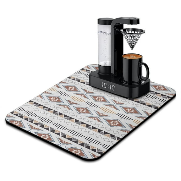 Under Coffee Maker Mat with Tribal Style Design - Absorbent Diatom Drying Pad with Non-Slip Base for Kitchen Sink Area or Espresso Machine, Artistic Tribal Patterns