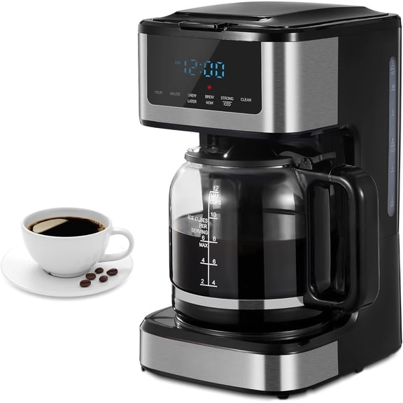 Coffee Maker, Programmable Drip Coffee Maker 12 Cup, Regular & Brew Drip Coffee Machine with Iced Coffee Function for and Office, Black & Stainless Steel