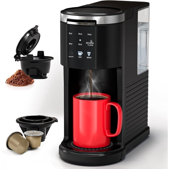 WAA 2 in 1 Single Serve Coffee Maker,Cup/Ground Coffee, 6-14 Oz, 40oz Tank, Auto Clean, Black