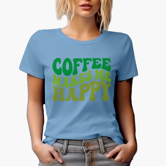 Coffee Makes Me Happy Quote, Groovy Retro Wavy Text Merch Gift, Baby Blue T-Shirt, Small