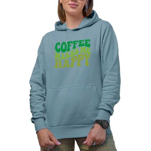 Coffee Makes Me Happy Quote, Groovy Retro Wavy Text Merch Gift, Light Blue Hooded Sweatshirt or Hoodie, Large