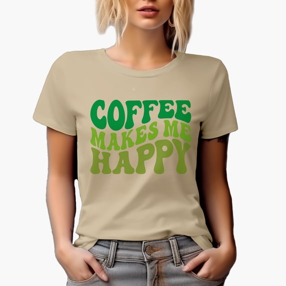Coffee Makes Me Happy Quote, Groovy Retro Wavy Text Merch Gift, Tan T-Shirt, Small