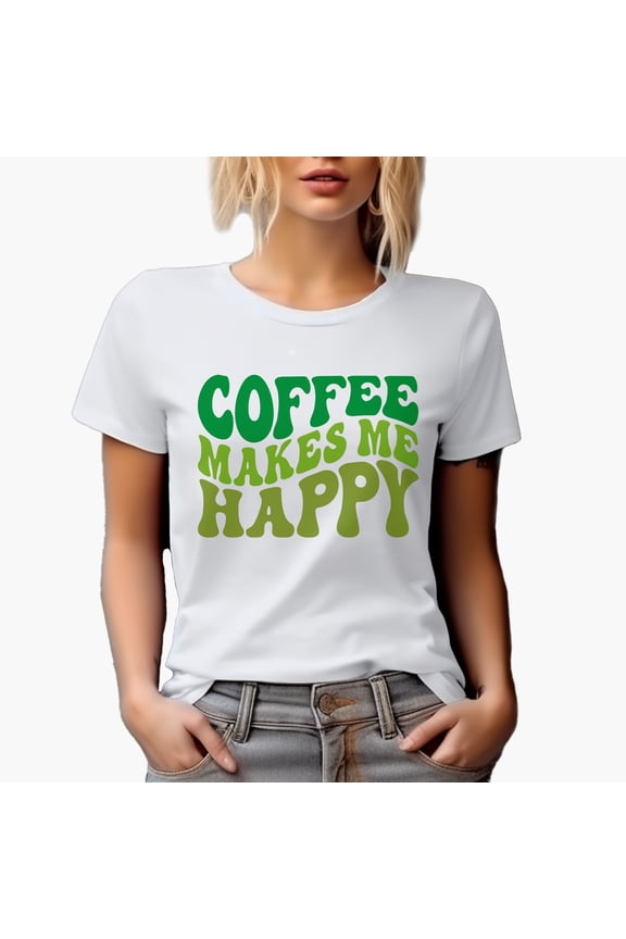 Coffee Makes Me Happy Quote, Groovy Retro Wavy Text Merch Gift, White T-Shirt, Large