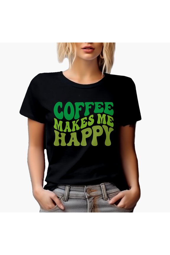 Coffee Makes Me Happy Quote or Saying, Groovy Retro Wavy Text Merch Gift, Black T-Shirt, Small