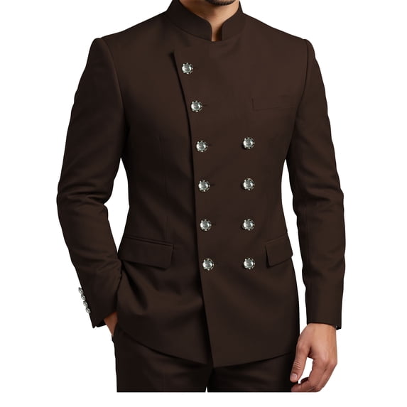 Coffee Mandarin Collar Men's Suits 2 Piece Sets Silver Buttons Double Breasted Blazer Pants Suit XL