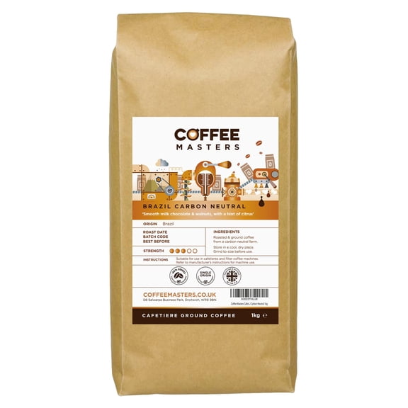 Coffee Masters Brazil Carbon Conscious Cafetiere Ground Coffee 1kg - Single Origin, 100% Arabica Beans - Medium Roasted Brazilian for Cafetiere