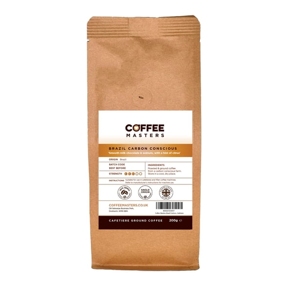 Coffee Masters Brazil Carbon Conscious Cafetiere Ground Coffee 200g - Single Origin, 100% Arabica Beans - Medium Roasted Brazilian Bean for Cafetiere