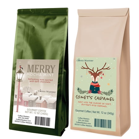 Coffee Masters Christmas Coffee Sampler - Comet's Caramel and Merry Mocha Mint 12 oz Ground Coffee