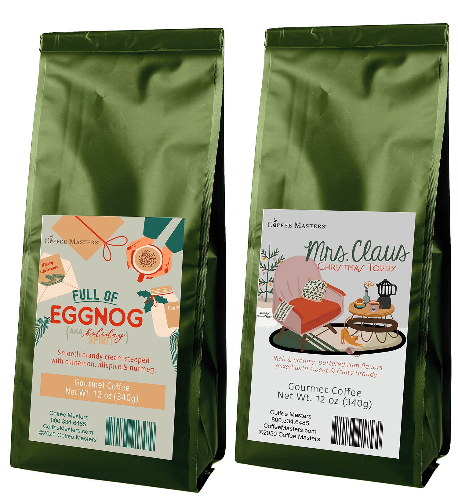Coffee Masters Christmas Coffee Sampler - Mrs. Claus Christmas Toddy and Eggnog 12 oz Ground Coffee