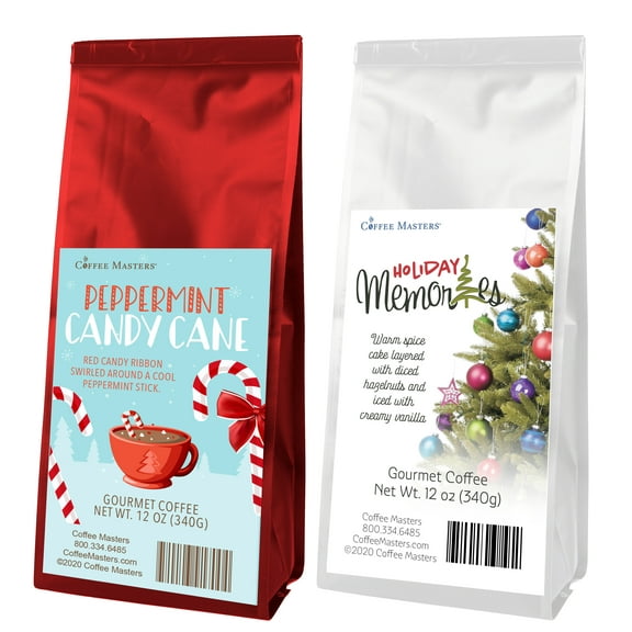 Coffee Masters Christmas Coffee Sampler - Peppermint Candy Cane and Holiday Memories 12 oz Ground Coffee