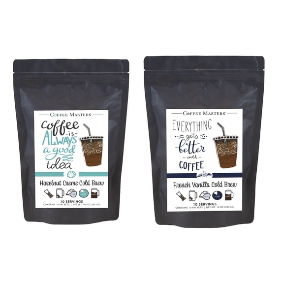 Coffee Masters Everyday Flavor Favorites Cold Brew Coffee Sampler - Hazelnut Crème and French Vanilla 10 Pack Cold Brew Packets