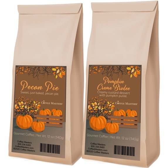 Coffee Masters Fall Autumn Coffee Sampler - Pecan Pie and Pumpkin Crème Brulee 12 oz Ground Coffee