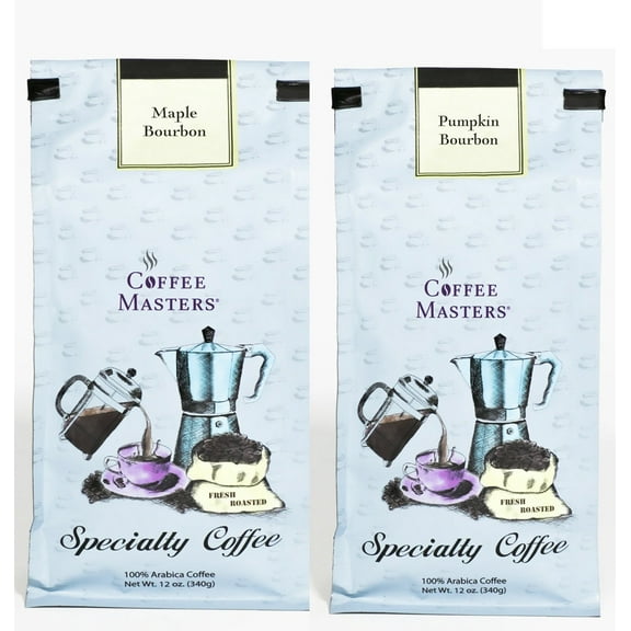 Coffee Masters Fall Bourbon Coffee Sampler - Maple Bourbon and Pumpkin Bourbon 12 oz Ground Coffee