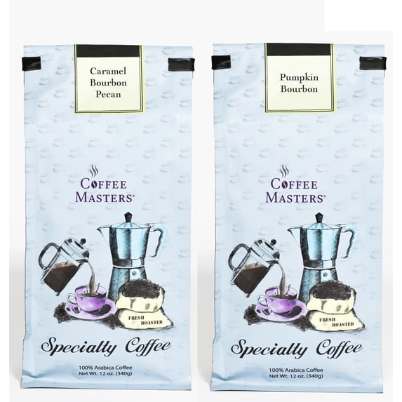 Coffee Masters Fall Bourbon Coffee Sampler -Pumpkin Bourbon and Caramel Bourbon Pecan 12 oz Ground Coffee
