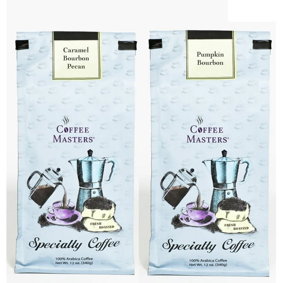 Coffee Masters Fall Bourbon Coffee Sampler -Pumpkin Bourbon and Caramel Bourbon Pecan 12 oz Ground Coffee