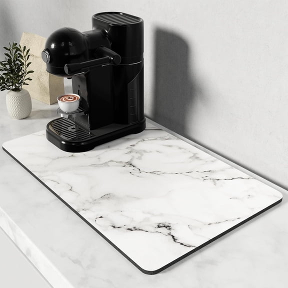 Coffee Mat, 12" x 19" Cute Marble Style Coffee Bar Mats for Espresso Machine Station Accessories and Organizer, Hide Stain Rubber Backed Absorbent Dish Drying Pad for Kitchen Counter, White