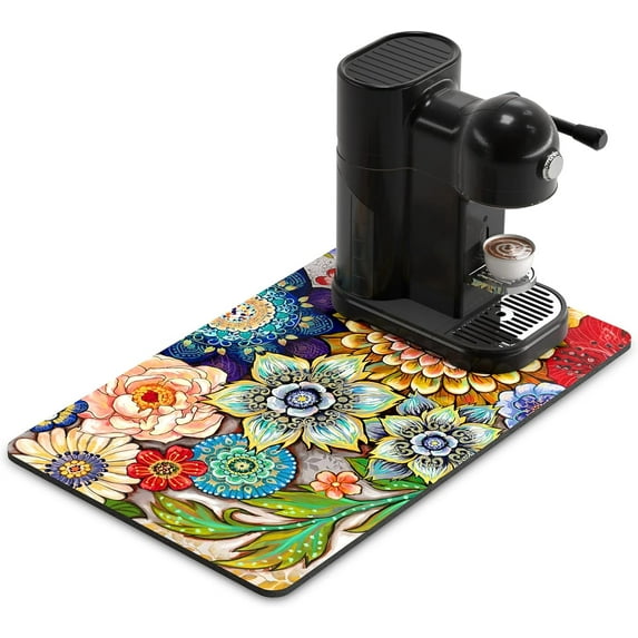 Coffee Mat, 12"x19" Flower Theme Coffee Bar Mat for Coffee Station Accessories and Organizer, Absorbent Dish Drying for Kitchen Counter, Cute Mandala Floral Coffee Bar Decor Coffee Machine Mat