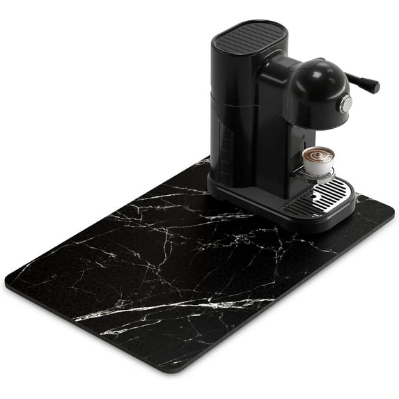 Coffee Mat, 12"x19" Marble Style Coffee Bar Mat for Coffee Station Accessories and Organizer, Absorbent Dish Drying for Kitchen Counter, Cute Black Marble Coffee Bar Decor Coffee Machine Mat