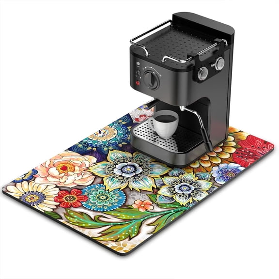 Coffee Mat, 16"x24" Flower Theme Coffee Bar Mat for Coffee Station Accessories and Organizer, Absorbent Dish Drying for Kitchen Counter, Cute Mandala Floral Coffee Bar Decor Coffee Machine Mat