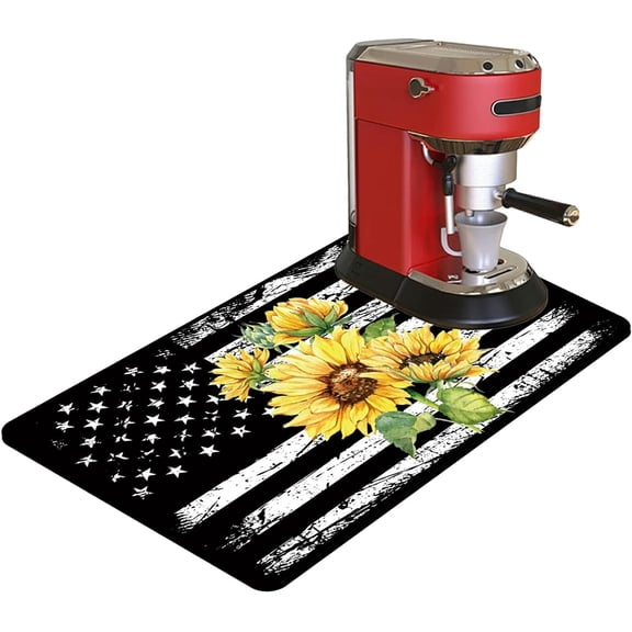 Coffee Mat Coffee Bar Mat 12"x19" Hide Stain Absorbent Rubber Backed Quick Drying Mat Fit Under Coffee Maker Espresso Machine Kitchen Counter, American Flag Sunflower