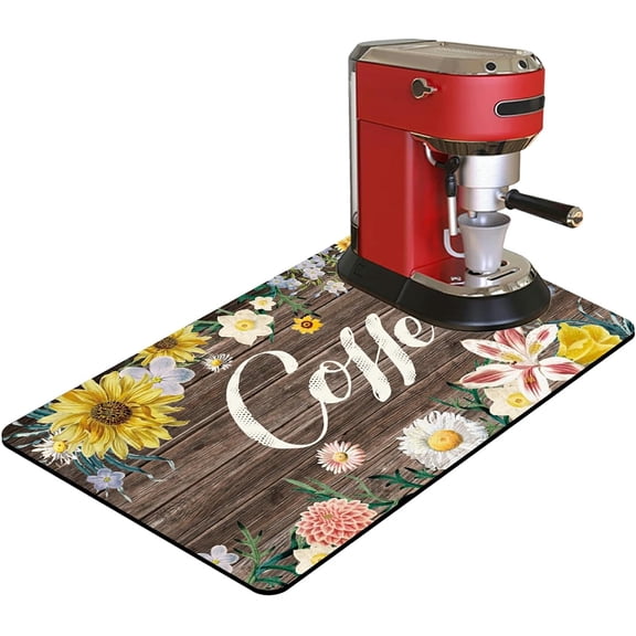 Coffee Mat Coffee Bar Mat 12"x19" Hide Stain Absorbent Rubber Backed Quick Drying Mat Fit Under Coffee Maker Espresso Machine Kitchen Counter, Daisy Flowers