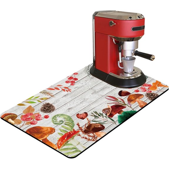 Coffee Mat Coffee Bar Mat 12"x19" Hide Stain Absorbent Rubber Backed Quick Drying Mat Fit Under Coffee Maker Espresso Machine Kitchen Counter, Mushroom Snails
