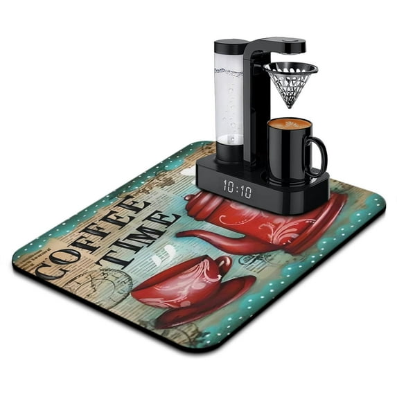 Coffee Mat, Coffee Pot Vintage Coffee Bar Mat for Countertop, Rubber Backed Dish Drying Mat for Counter, Absorbent Coffee Bar Accessories Fit Under Coffee Maker Espresso Me Machine 18x24in