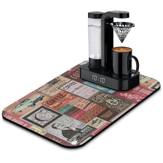 Coffee Mat, Coffee Pot Vintage Pattern Coffee Bar Mat for Coffee Station Accessories and Organizer, Absorbent Dish Drying for Kitchen Counter, Coffee Bar Decor Coffee Machine Mat 19.5x12in