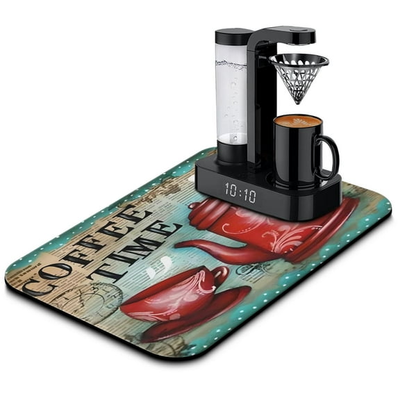 Coffee Mat, Coffee Pot Vintage Pattern Coffee Bar Mat for Coffee Station Accessories and Organizer, Absorbent Dish Drying for Kitchen Counter, Coffee Bar Decor Coffee Machine Mat 19.5x12in