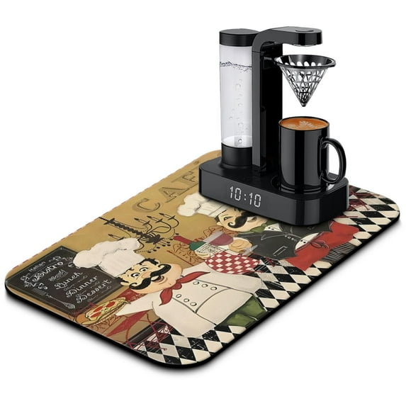 Coffee Mat, Coffee Vintage Chef Kitchen Pattern Coffee Bar Mat for Coffee Station Accessories and Organizer, Absorbent Dish Drying for Kitchen Counter, Coffee Bar Decor Coffee Machine Mat 19.5x12in