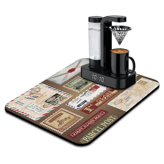 Coffee Mat, Coffee Vintage Stamp Coffee Bar Mat for Countertop, Rubber Backed Dish Drying Mat for Counter, Absorbent Coffee Bar Accessories Fit Under Coffee Maker Espresso Me Machine 18x24in