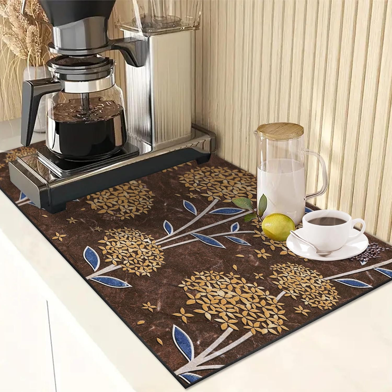 Coffee Mat for Countertops, Abstract Geometric Brown Floral Dish Drying