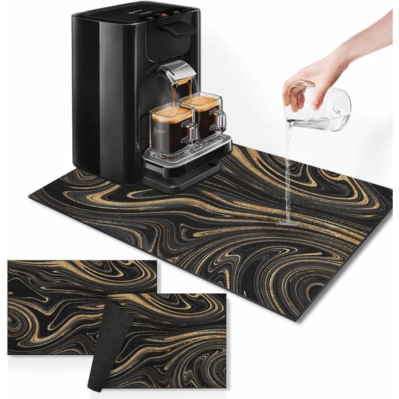Coffee Mat for Countertops, Black Gold Marble Texture Dish Drying Mat 2 Pcs for Kitchen Coffee Bar Accessories, Coffee Maker Espresso Machine Dish Rack Hide Stain Rubber Backed 12x19In
