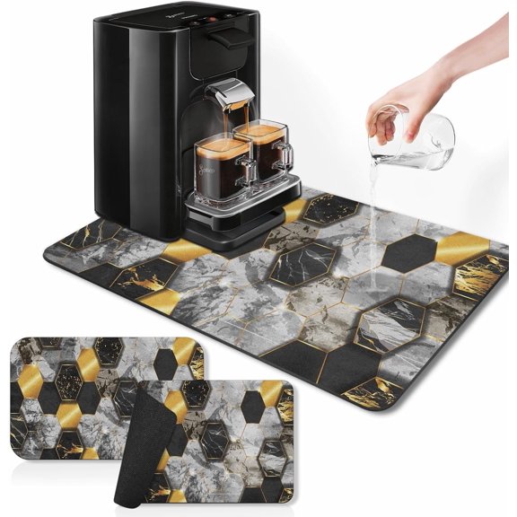 Coffee Mat for Countertops, Black Marble Hexagon Gold Honeycomb Dish Drying Mat 2 Pcs for Kitchen Coffee Bar Accessory, Fit Under Coffee Maker Espresso Machine Dish Rack Hide Stain 12x19in