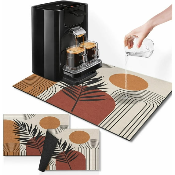 Coffee Mat for Countertops, Boho Minimalist Modern Vintage Dish Drying Mat 2 Pcs for Kitchen Coffee Bar Accessories, Coffee Maker Espresso Machine Dish Rack Hide Stain Rubber Backed 12x19In
