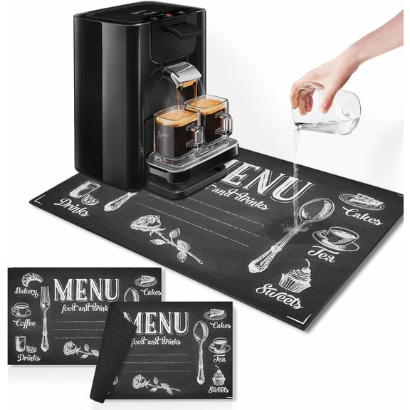 Coffee Mat for Countertops, Breakfast Menu Black Dish Drying Mat 2 Pcs for Kitchen Coffee Bar Accessories, Coffee Maker Espresso Machine Dish Rack Hide Stain Rubber Backed 12x19In
