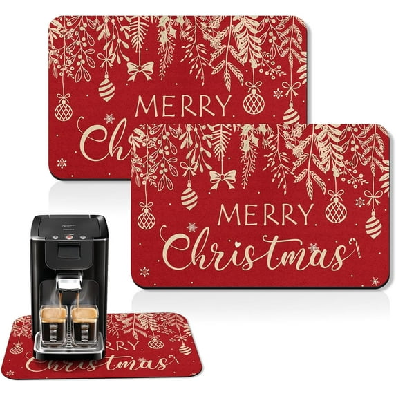 Coffee Mat for Countertops, Christmas Berry Ball Branch Leaves Golden Red Dish Drying Mat 2 Pcs for Kitchen Bar Accessories, Coffee Maker Espresso Machine Dish Rack Hide Stain Rubber 12x19in