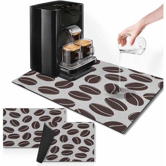 Coffee Mat for Countertops, Coffee Beans Modern Grey Dish Drying Mat 2 Pcs for Kitchen Coffee Bar Accessories, Coffee Maker Espresso Machine Dish Rack Hide Stain Rubber Backed 12x19In