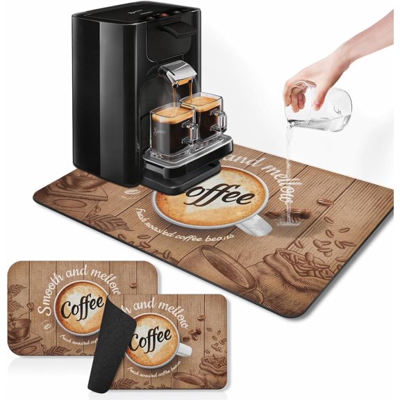 Coffee Mat for Countertops, Coffee Cup Retro Brown Tone Dish Drying Mat 2 Pcs for Kitchen Coffee Bar Accessories, Fit Under Coffee Maker Espresso Machine Dish Rack Hide Stain Rubber 12x19in