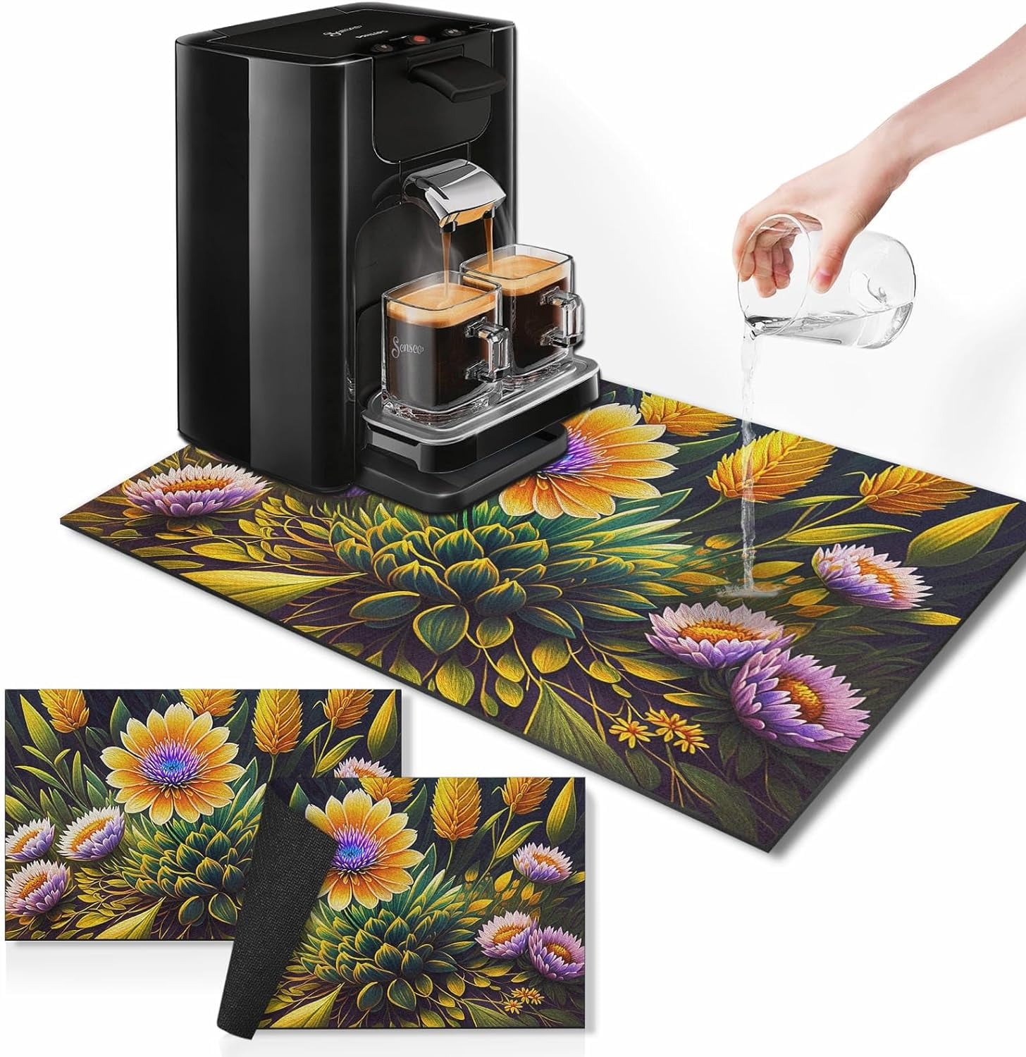 Coffee Mat for Countertops, Colorful Floral Green Leaf Dish Drying Mat ...