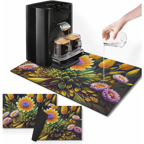 Coffee Mat for Countertops, Colorful Floral Green Leaf Dish Drying Mat 2 Pcs for Kitchen Coffee Bar Accessories, Coffee Maker Espresso Machine Dish Rack Hide Stain Rubber Backed 12x19in