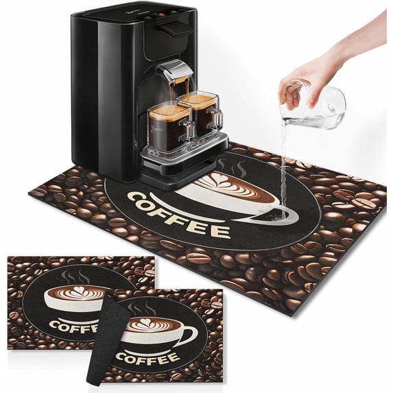 Coffee Mat for Countertops, Cup of coffee beans Dish Drying Mat 2 Pcs for Kitchen Coffee Bar Accessories, Coffee Maker Espresso Machine Dish Rack Hide Stain Rubber Backed 12x19In