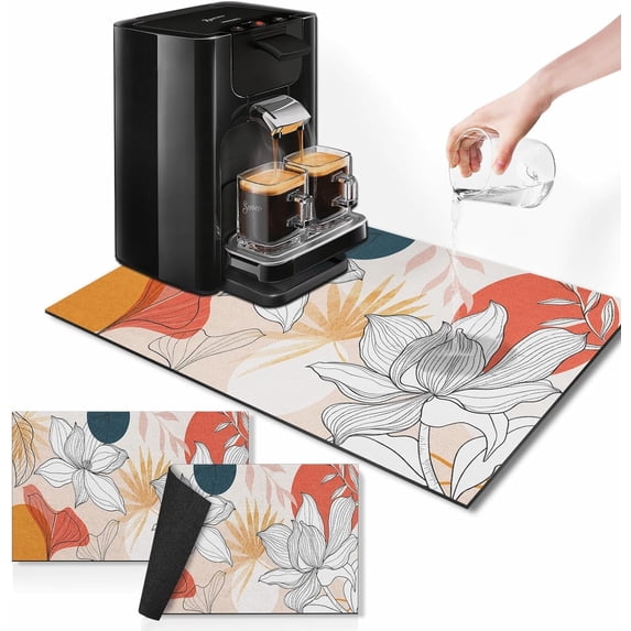 Coffee Mat for Countertops, Floral Botanical Boho Flower Dish Drying Mat 2 Pcs for Kitchen Coffee Bar Accessories, Coffee Maker Espresso Machine Rubber Backed 12x19in