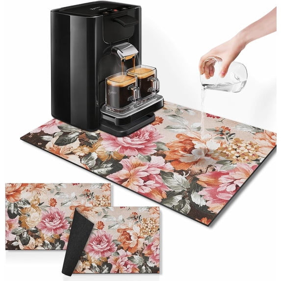 Coffee Mat for Countertops, Flower Rose Peony Retro Dish Drying Mat 2 Pcs for Kitchen Coffee Bar Accessories, Coffee Maker Espresso Machine Dish Rack Hide Stain Rubber Backed 12x19in