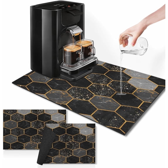 Coffee Mat for Countertops, Marble Hexagon Black Gold Dish Drying Mat 2 Pcs for Kitchen Coffee Bar Accessories, Coffee Maker Espresso Machine Dish Rack Hide Stain Rubber Backed 12x19In