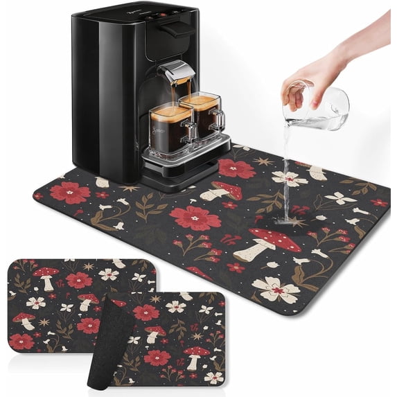 Coffee Mat for Countertops, Mushroom Red Floral Black Dish Drying Mat 2 Pcs for Kitchen Coffee Bar Accessories, Fit Under Coffee Maker Espresso Machine Dish Rack Hide Stain Rubber 12x19in