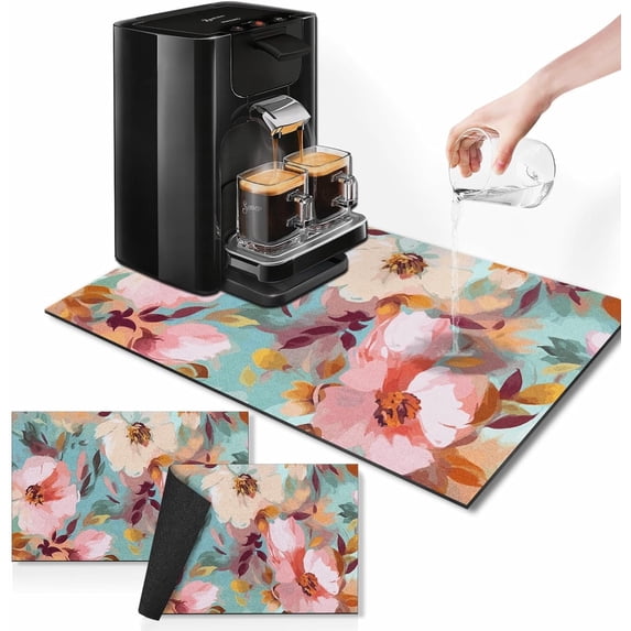 Coffee Mat for Countertops, Watercolor Painting Flower Dish Drying Mat 2 Pcs for Kitchen Coffee Bar Accessories, Coffee Maker Espresso Machine Dish Rack Hide Stain Rubber Backed 12x19in